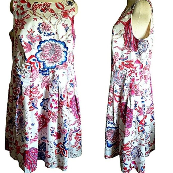 Talbots Dress 12 White Pink Floral Pockets Pleated Fit Flare Boho lined Midi - Picture 7 of 13